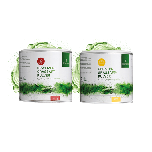 Combinaison de poudre de jus d'herbe de blé ancienne biologique + poudre de jus d'herbe d'orge